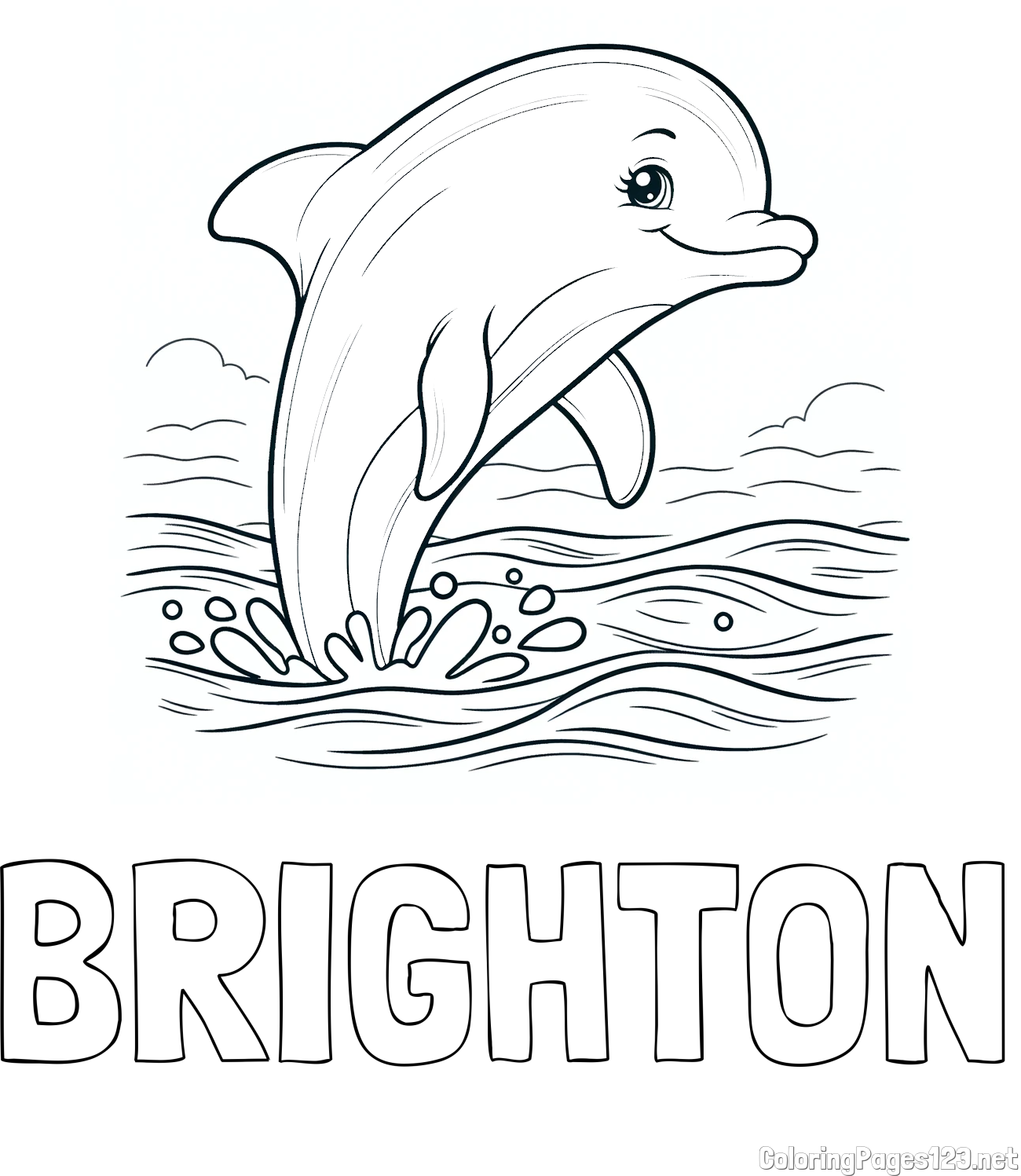 BRIGHTON Coloring Page and Coloring Page of a Smiling Dolphin Jumping