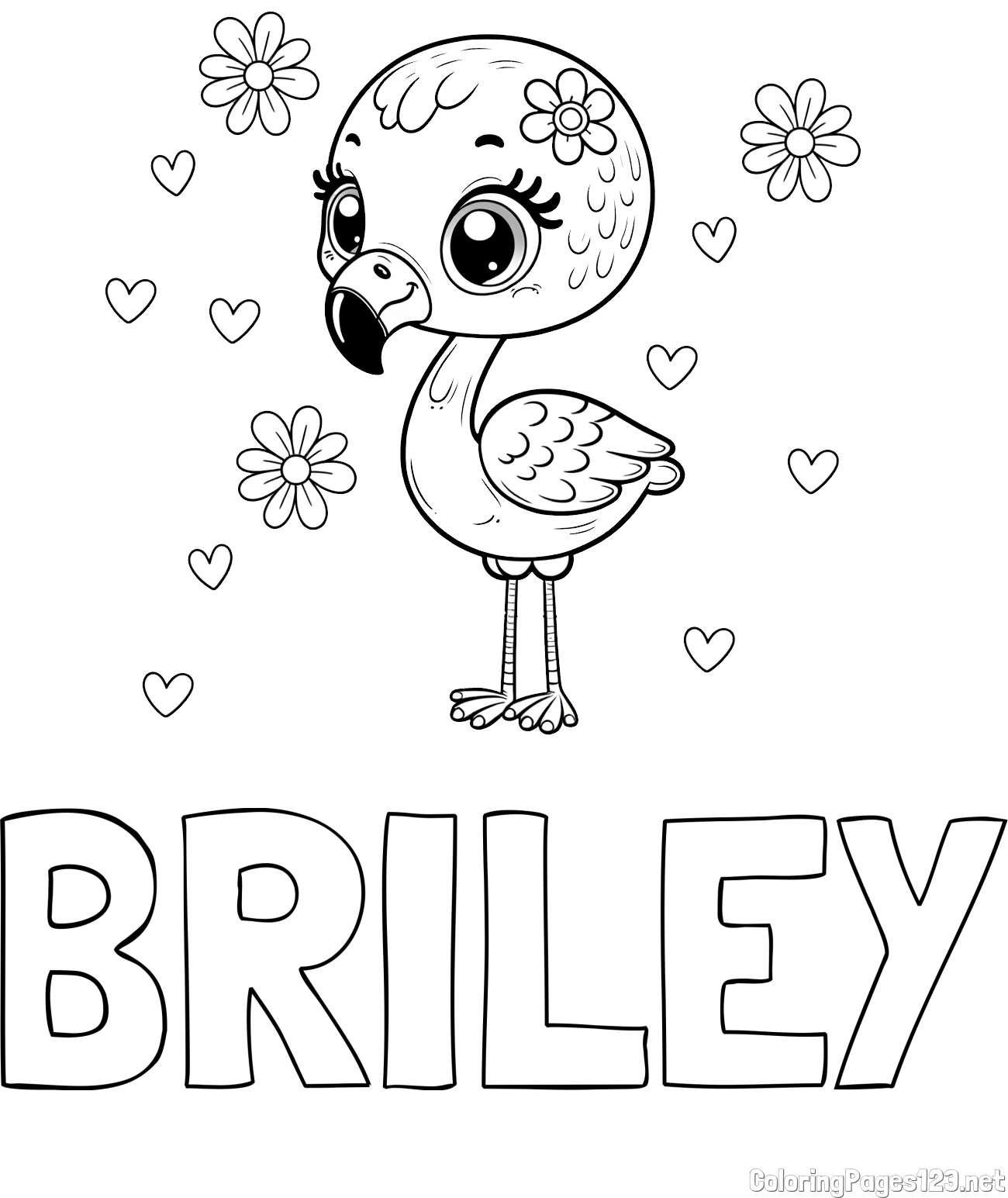 BRILEY Coloring Page and Coloring Page of a Cute Flamingo with Flowers