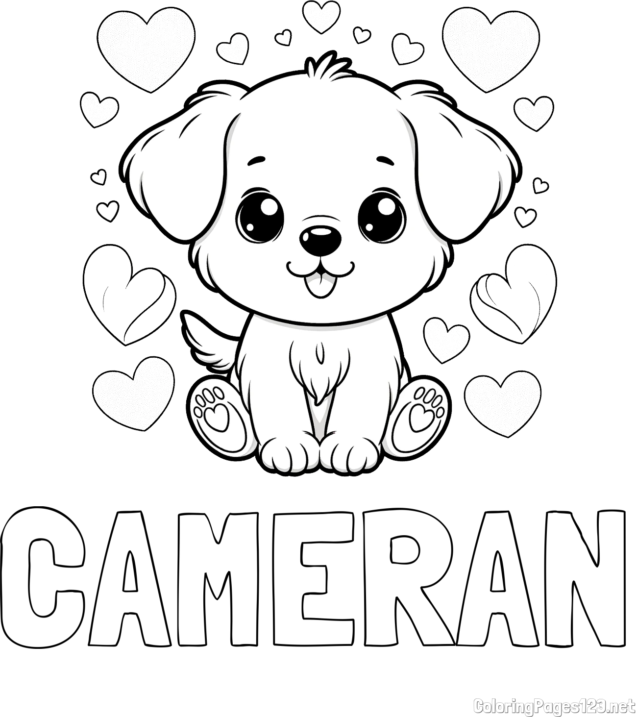 CAMERAN Coloring Page and Coloring Page of a Cute Dog and Hearts