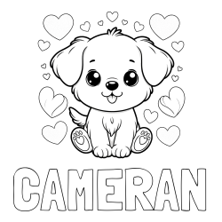 CAMERAN Coloring Page and Coloring Page of a Cute Dog and Hearts