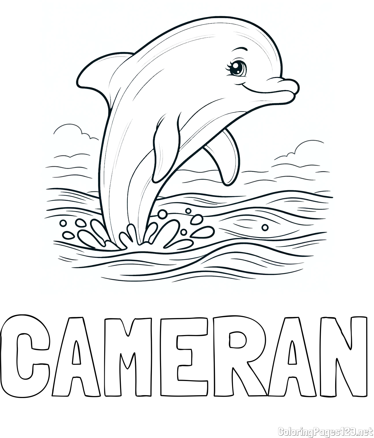 CAMERAN Coloring Page and Coloring Page of a Smiling Dolphin Jumping