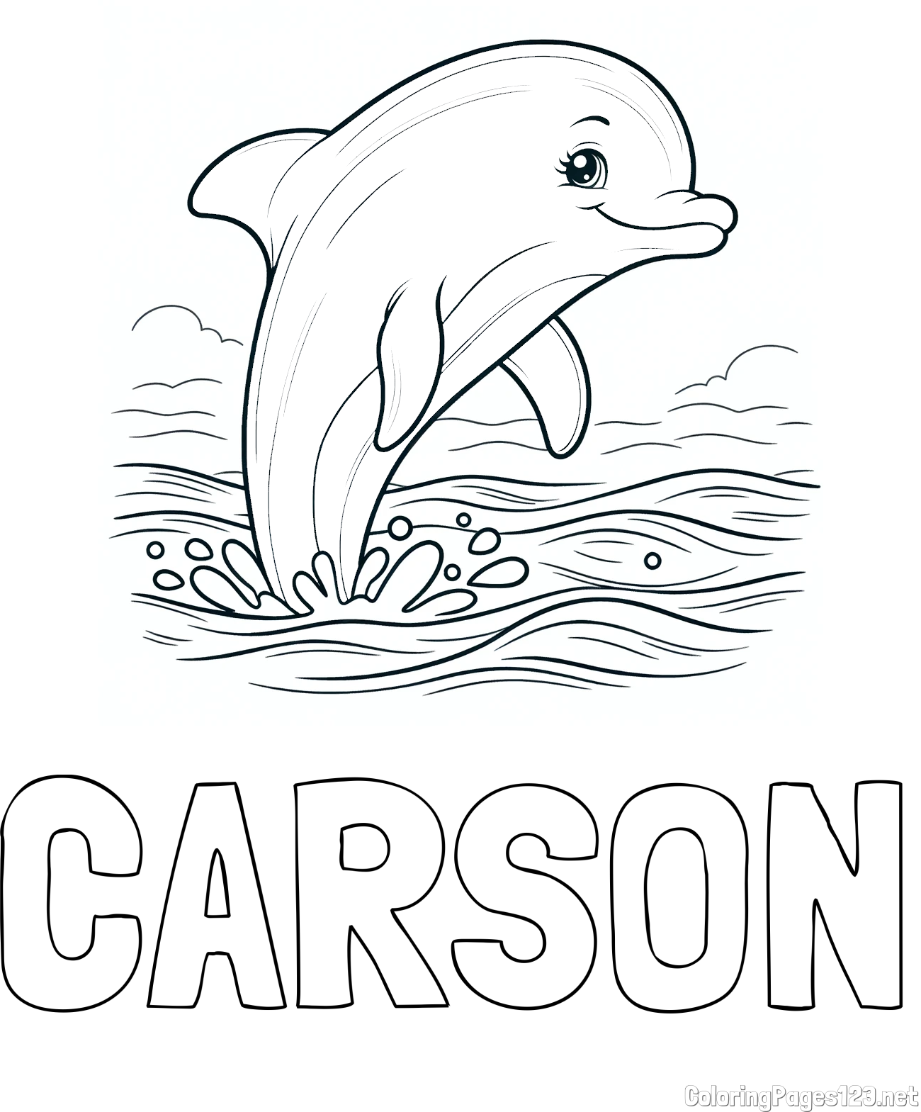 CARSON Coloring Page and Coloring Page of a Smiling Dolphin Jumping