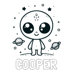Online Created Coloring Page - COOPER Coloring Page and Cute Alien Coloring Page - Smiling with Planets and Stars