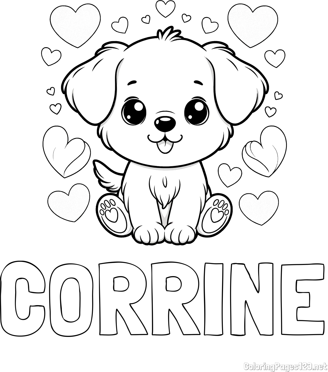 CORRINE Coloring Page and Coloring Page of a Cute Dog and Hearts