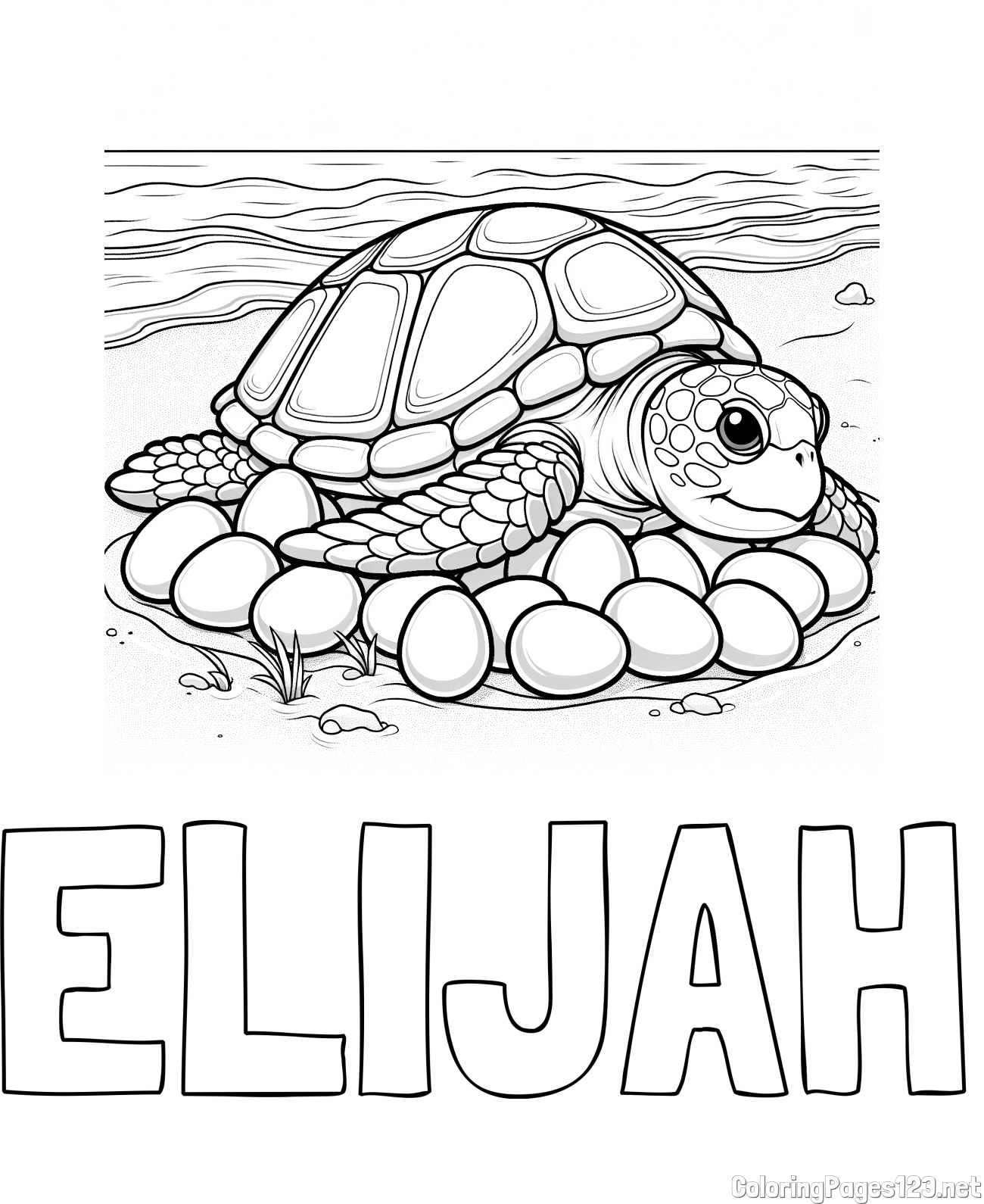 ELIJAH Coloring Page and Coloring Page of a Realistic Sea Turtle Laying Eggs