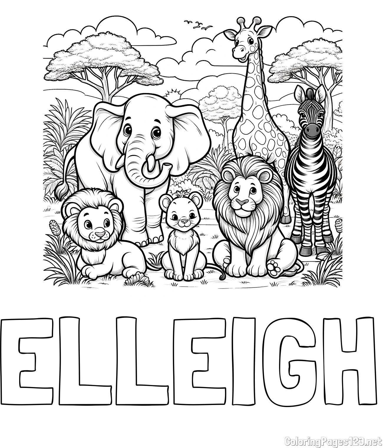 ELLEIGH Coloring Page and Beautiful Animal Coloring Page - Lion Family, Elephant, Giraffe, and Zebra