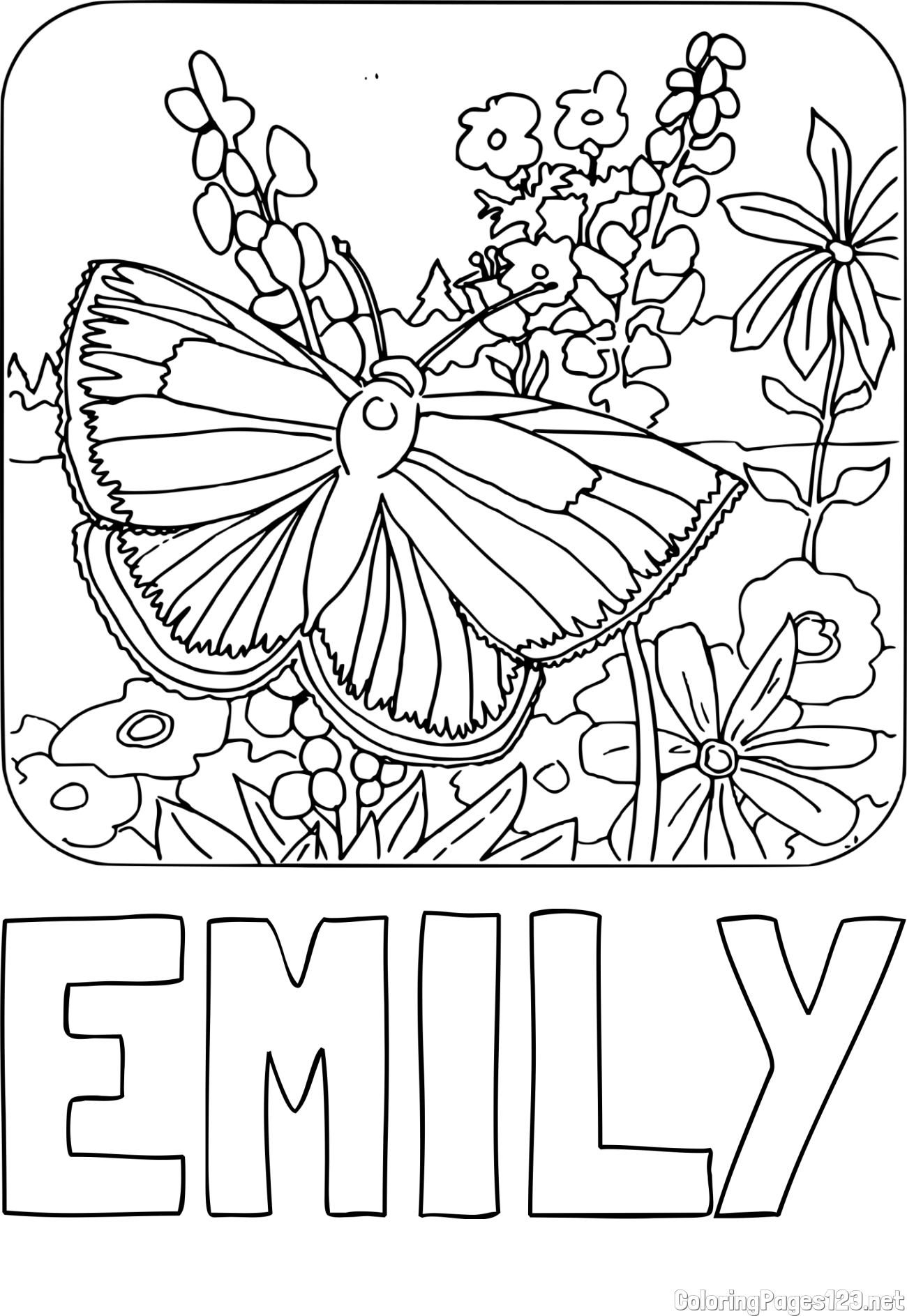 EMILY Coloring Page and Butterfly on Flower Coloring Page
