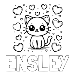 Online Created Coloring Page - ENSLEY Coloring Page and Free Coloring Page of a Cat and Hearts