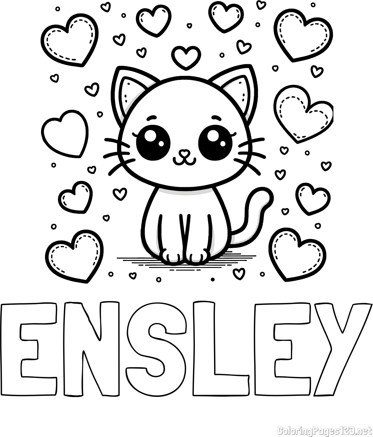 ENSLEY Coloring Page and Free Coloring Page of a Cat and Hearts