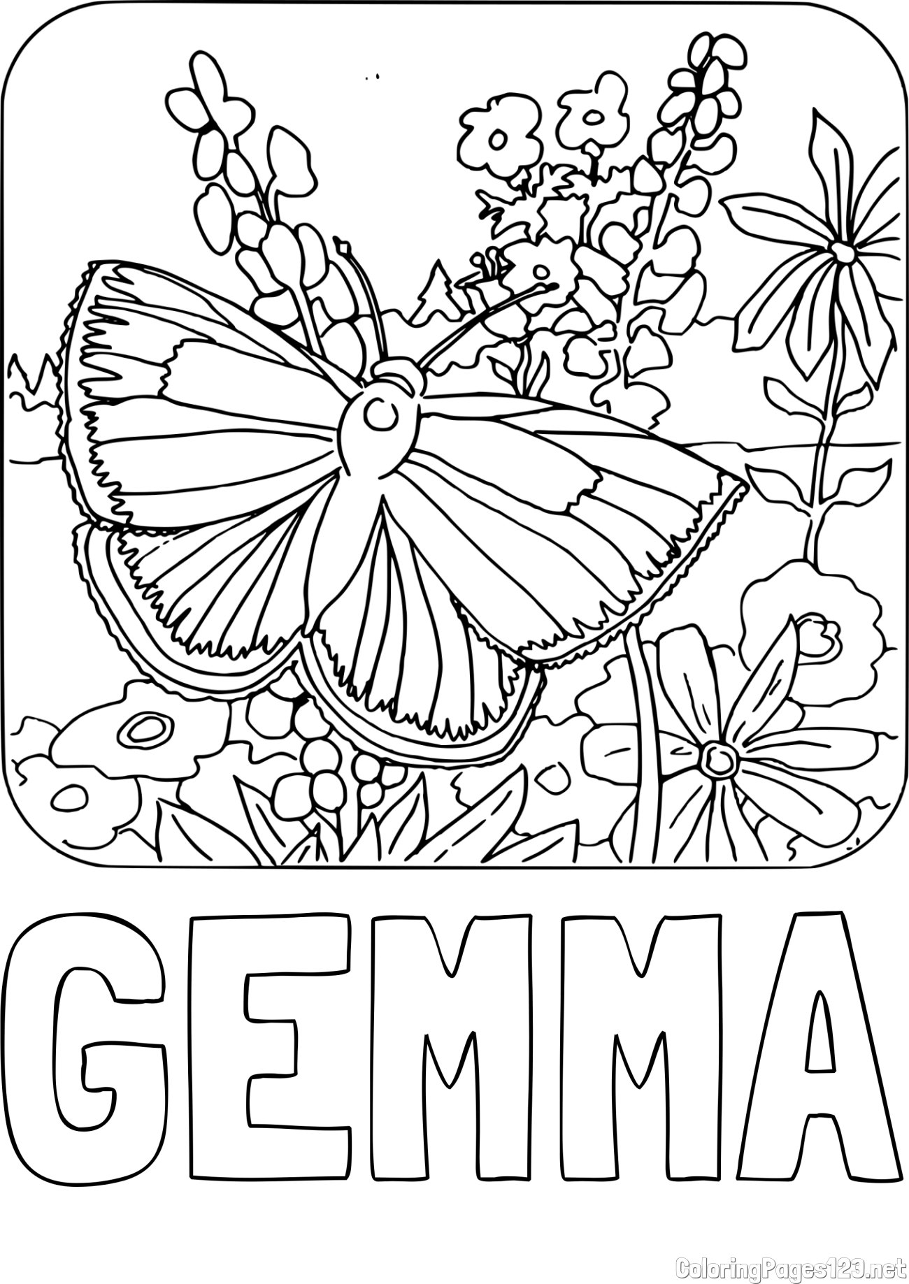 GEMMA Coloring Page and Butterfly on Flower Coloring Page