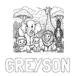 Online Created Coloring Page - GREYSON Coloring Page and Beautiful Animal Coloring Page - Lion Family, Elephant, Giraffe, and Zebra