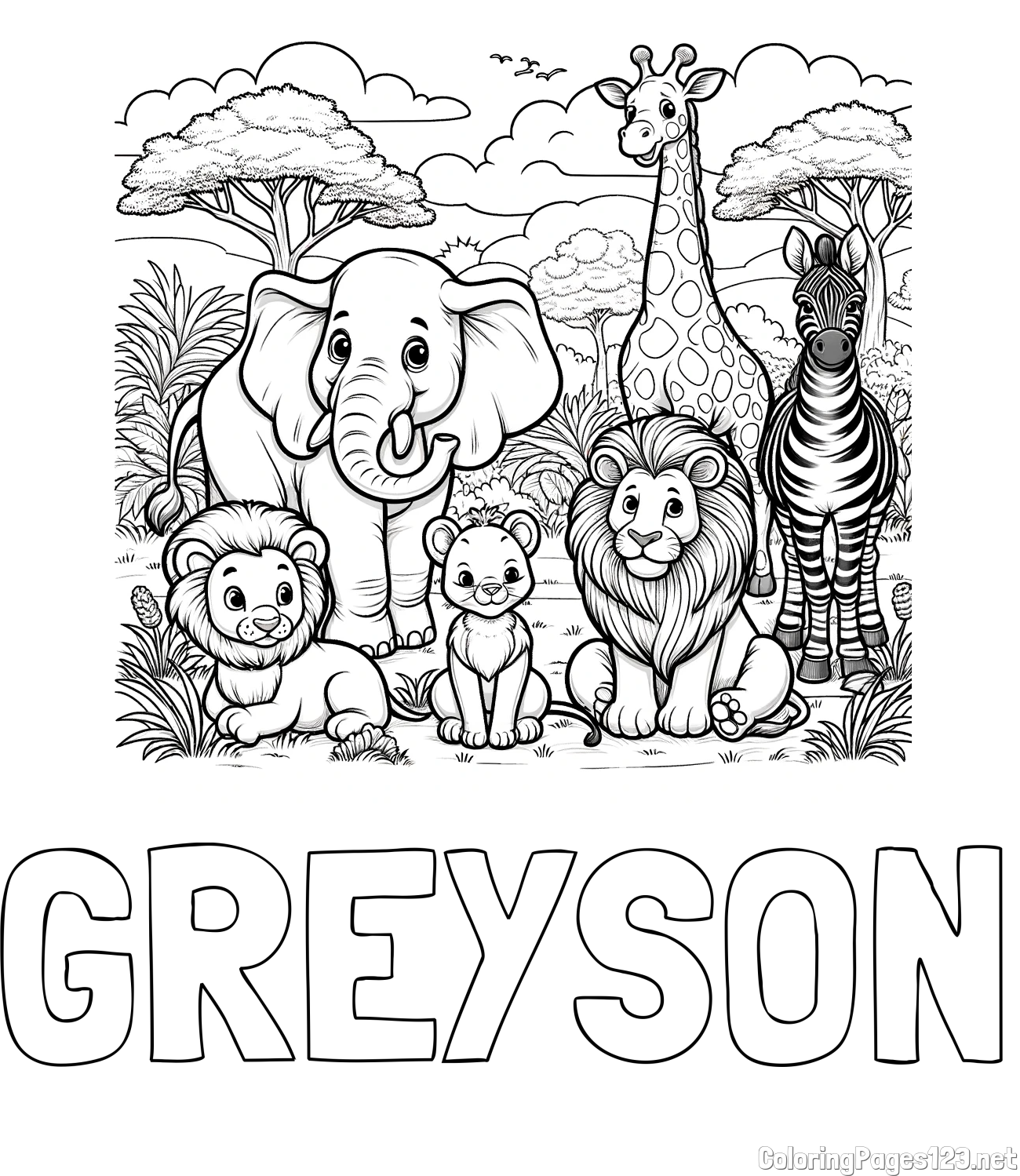 GREYSON Coloring Page and Beautiful Animal Coloring Page - Lion Family, Elephant, Giraffe, and Zebra