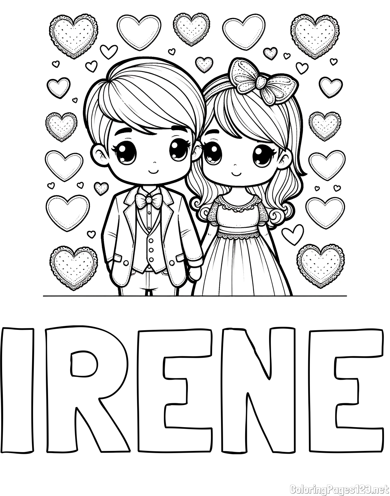 IRENE Coloring Page and Coloring Page of a Couple Surrounded by Hearts