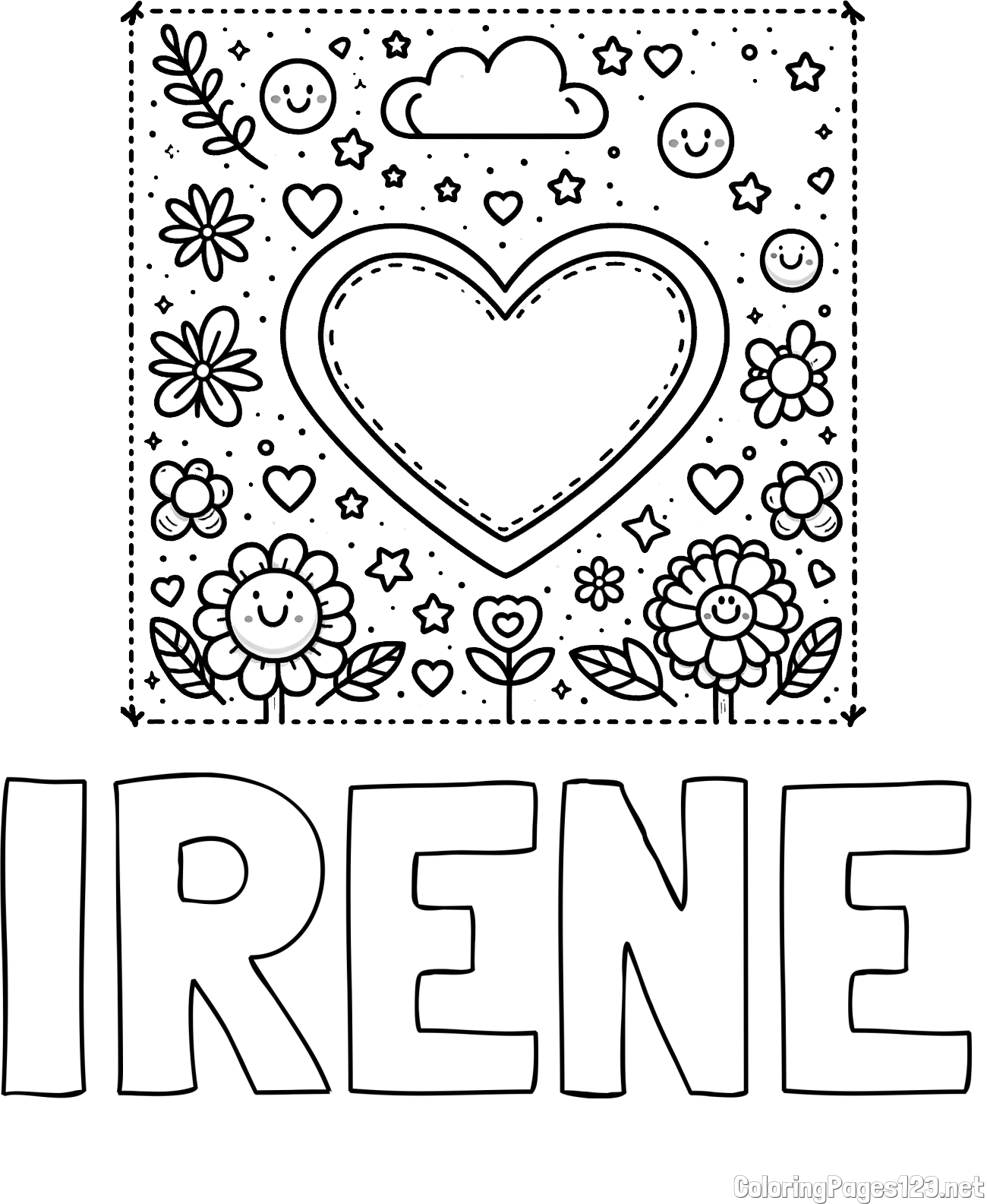 IRENE Coloring Page and Free Printable Coloring Page of Heart and Flowers