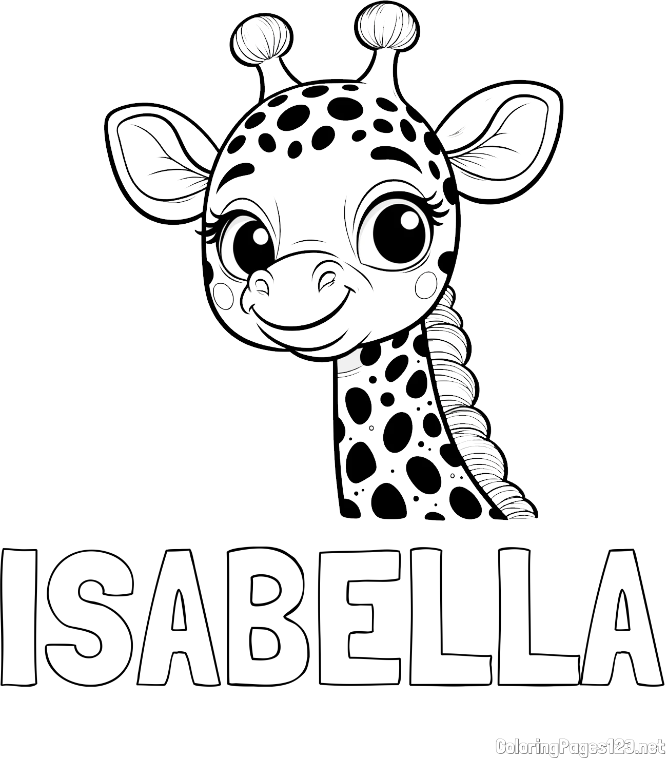 ISABELLA Coloring Page and Giraffe Head Coloring Page - Cute and Smiling