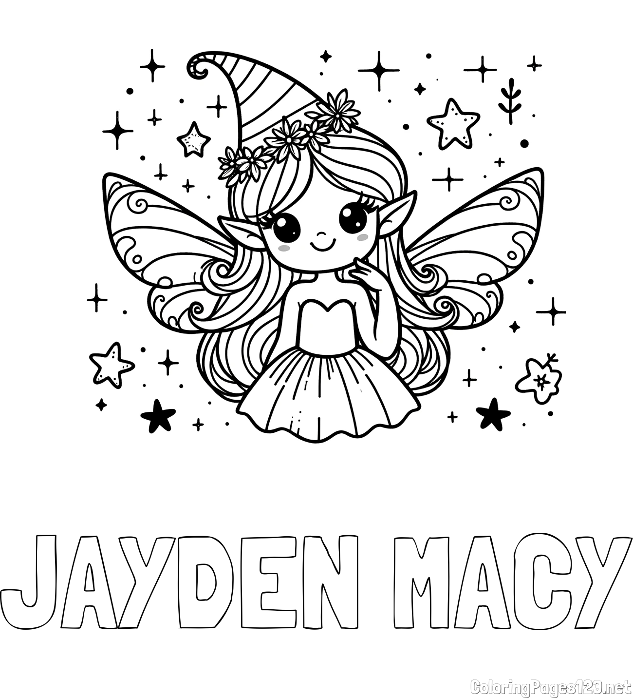 JAYDEN MACY Coloring Page and Coloring Page of a Cute and Smiling Magical Fairy