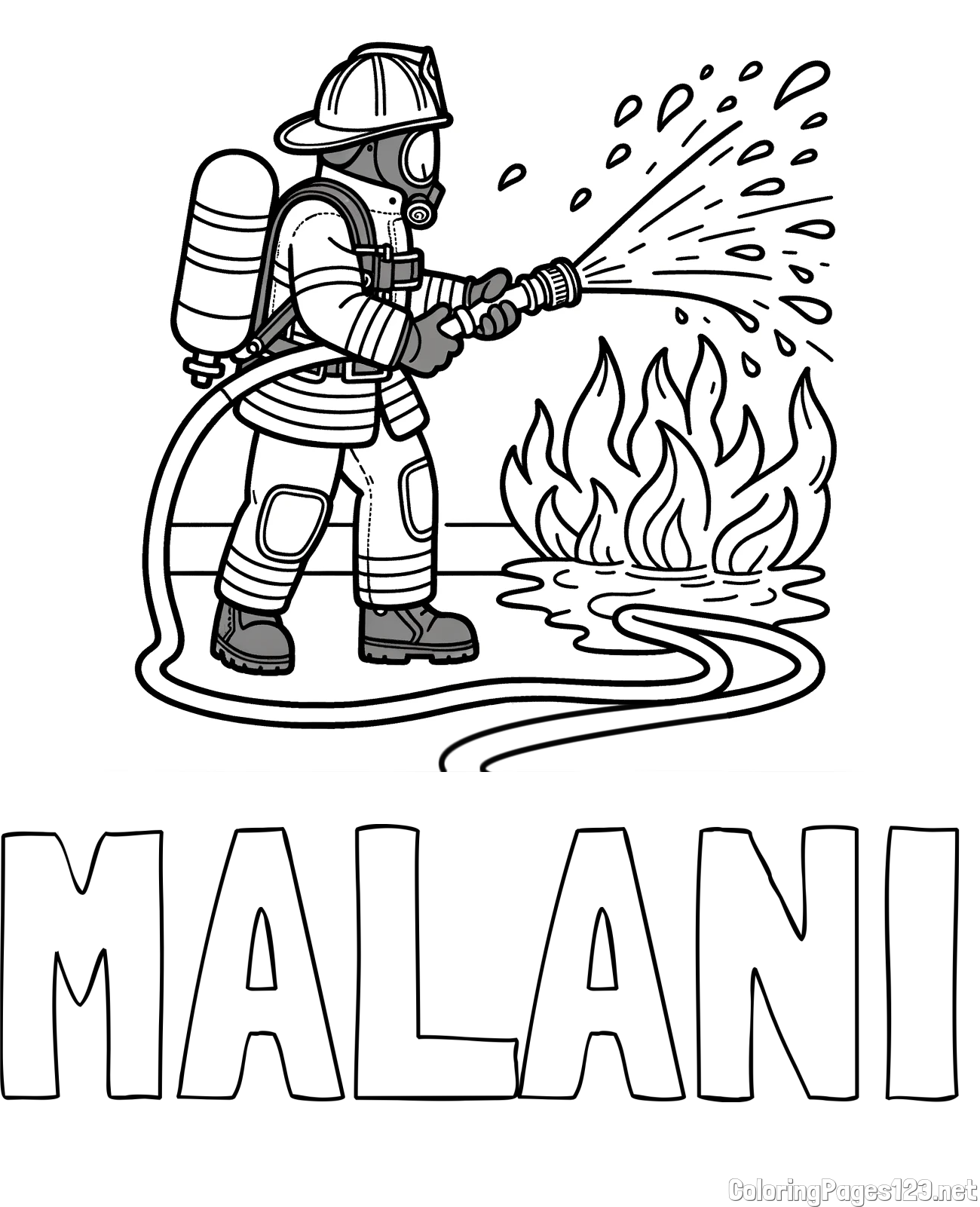 MALANI Coloring Page and A coloring page of a firefighter and a big fire