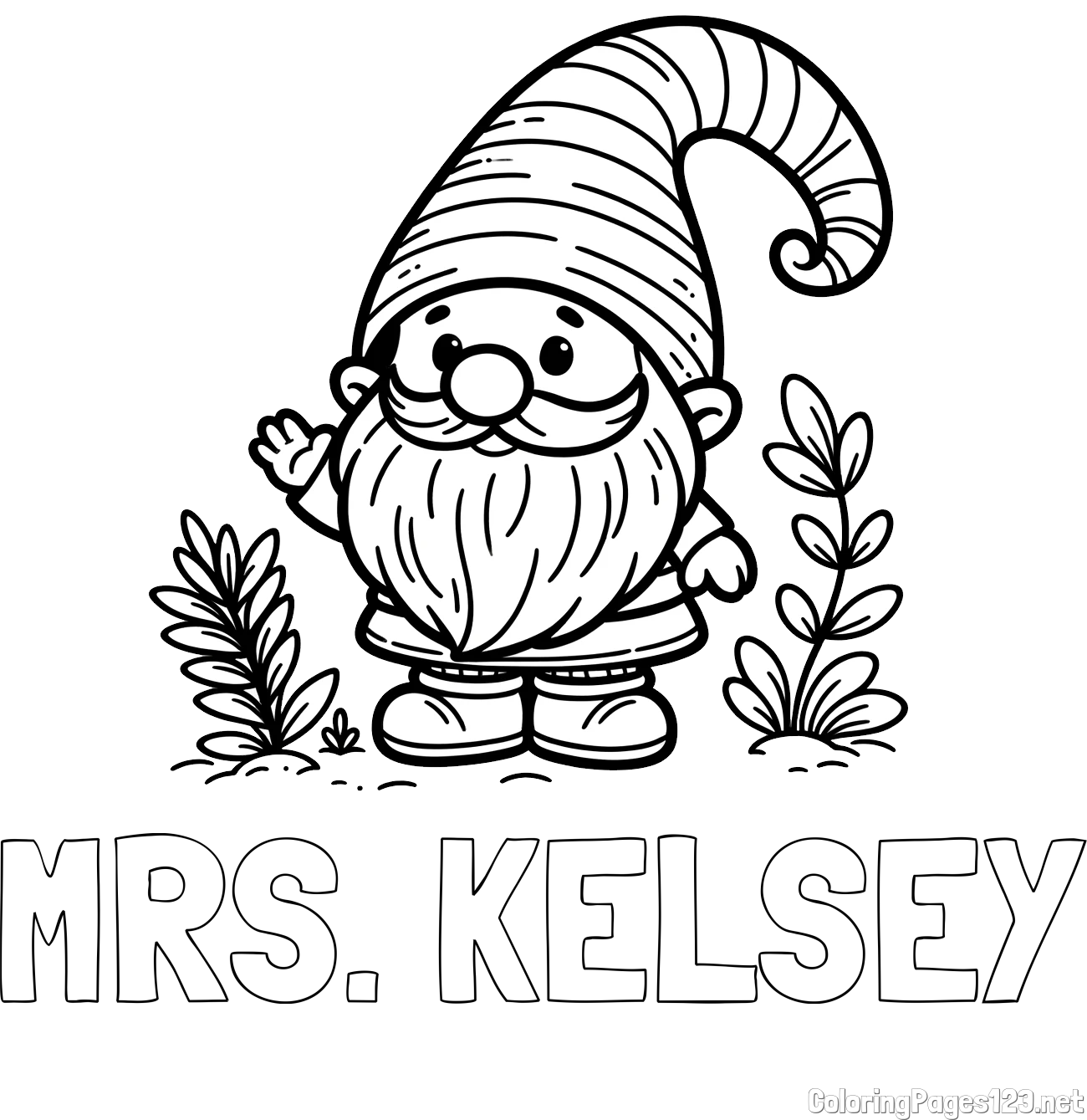 MRS. KELSEY Coloring Page and Cute Gnome Coloring Page