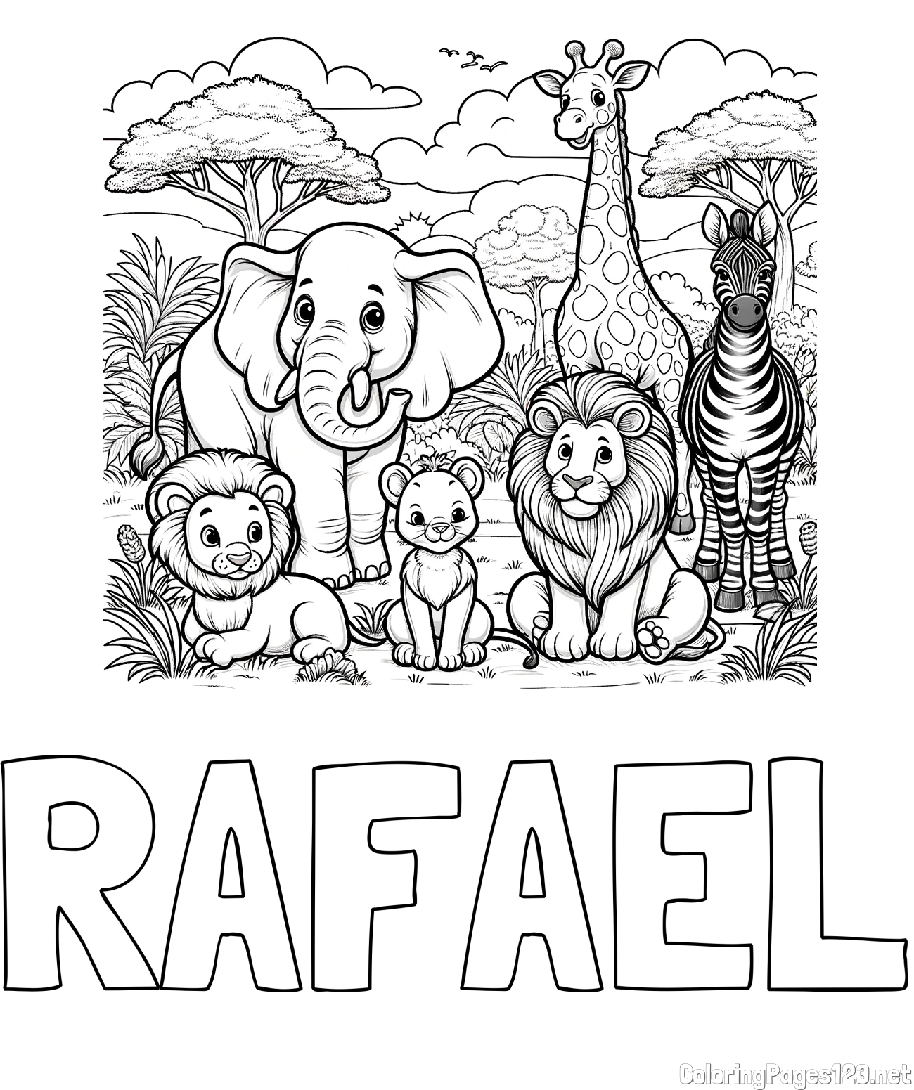 RAFAEL Coloring Page and Beautiful Animal Coloring Page - Lion Family, Elephant, Giraffe, and Zebra
