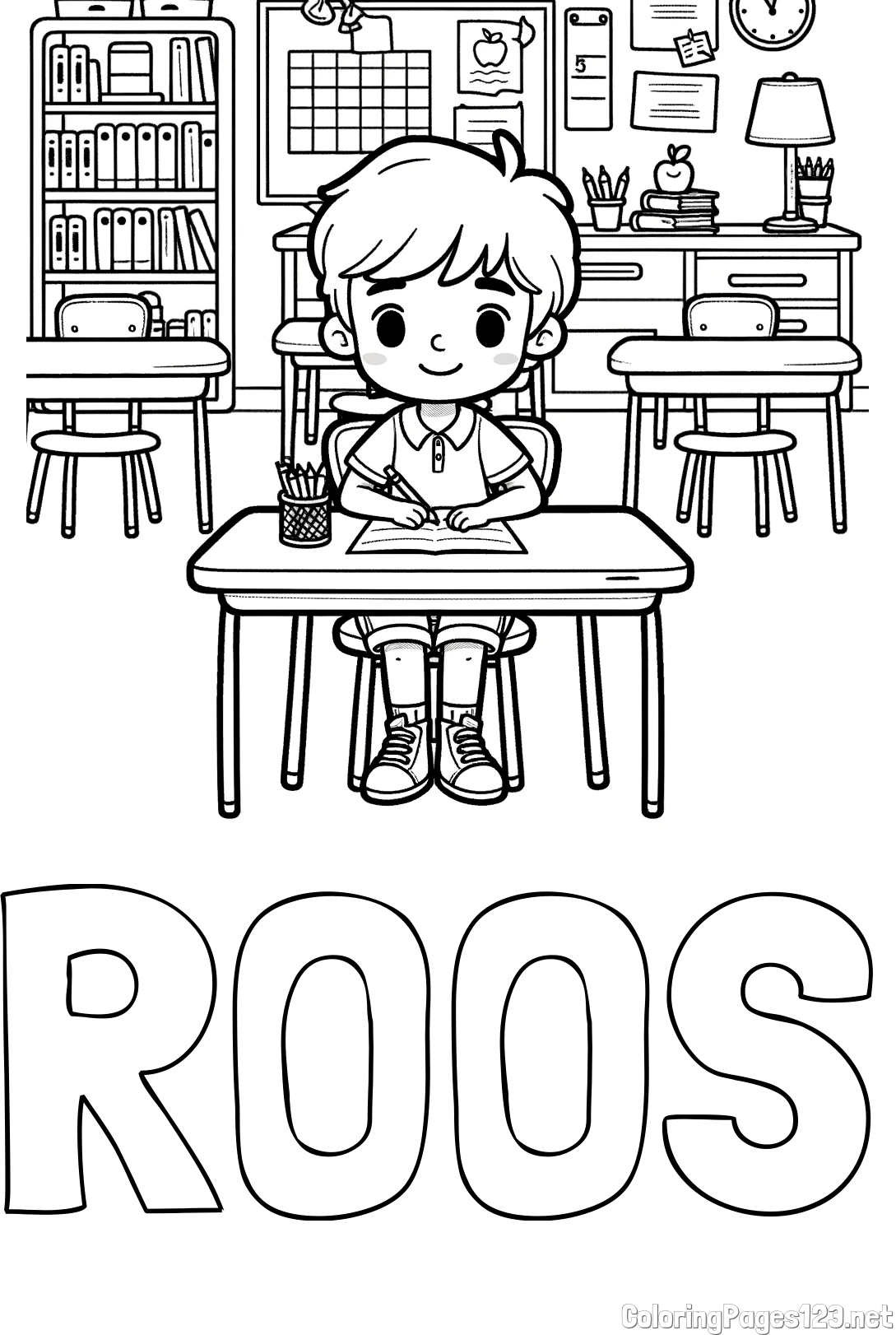 ROOS Coloring Page and Cute Student in Class Coloring Page