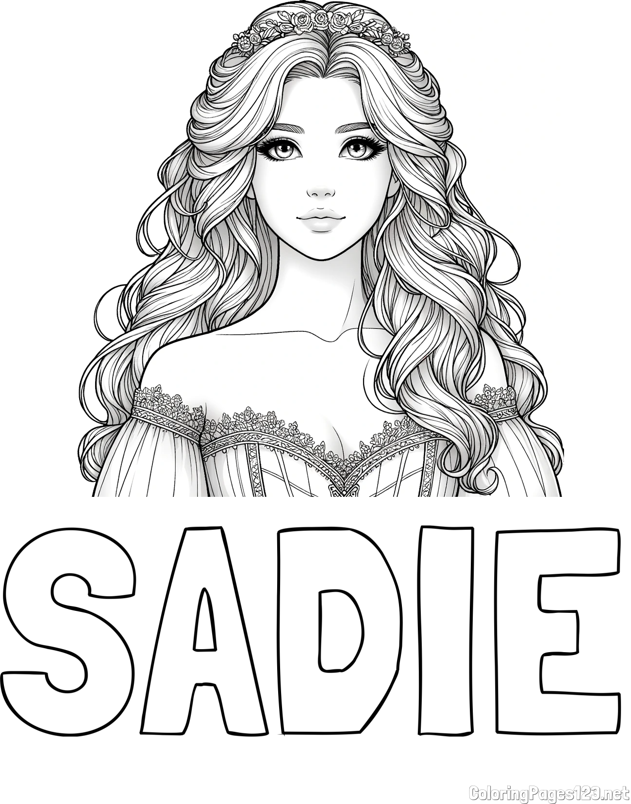 SADIE Coloring Page and Coloring Page of a Cute Realistic Princess