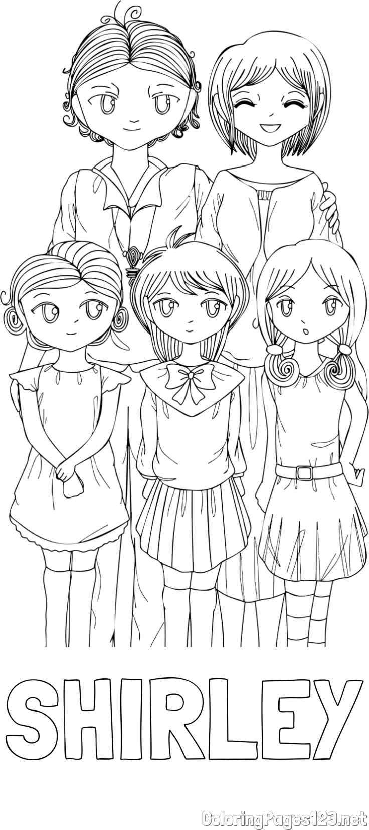 SHIRLEY Coloring Page and Coloring Page of a Family in Anime Style