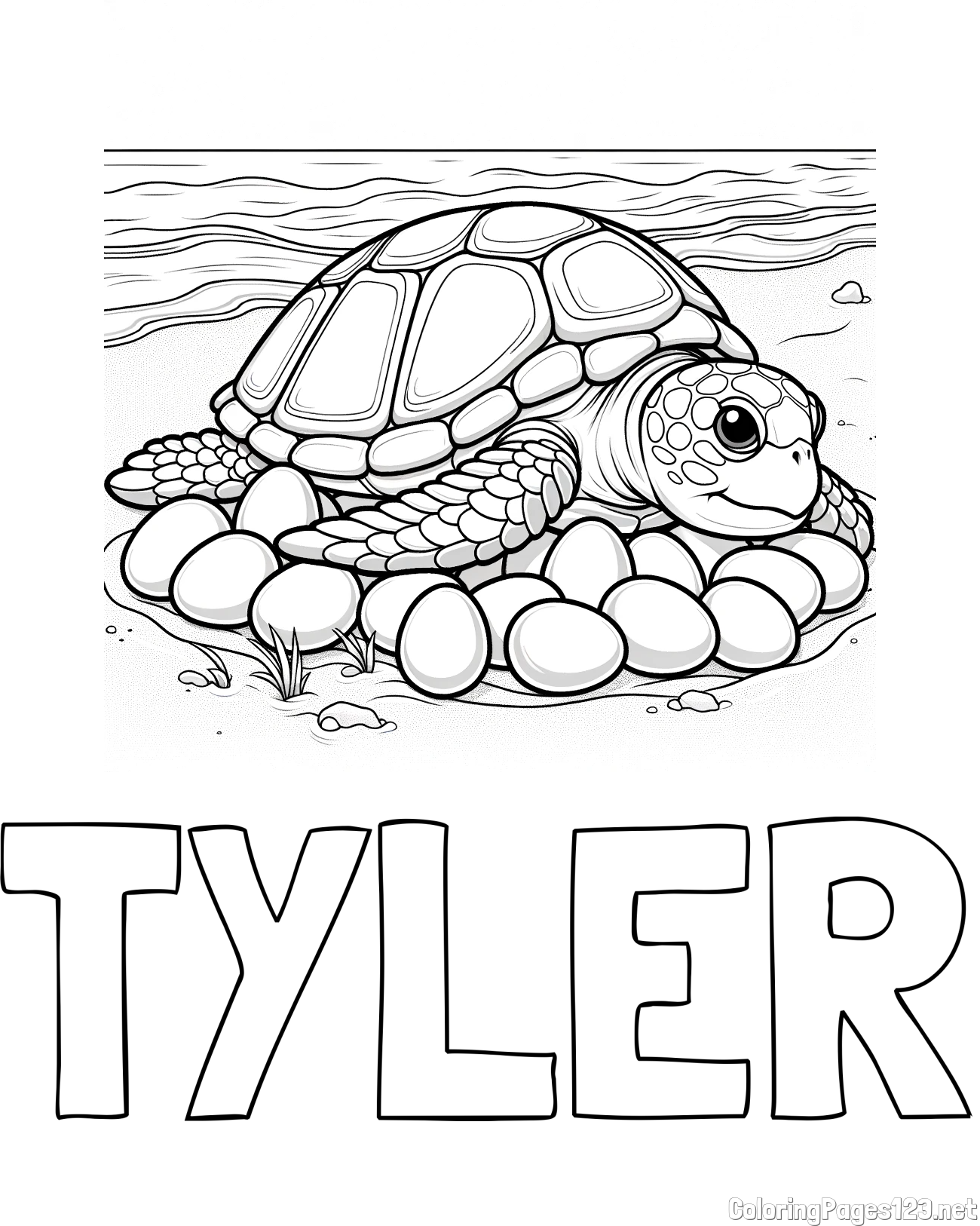 TYLER Coloring Page and Coloring Page of a Realistic Sea Turtle Laying Eggs