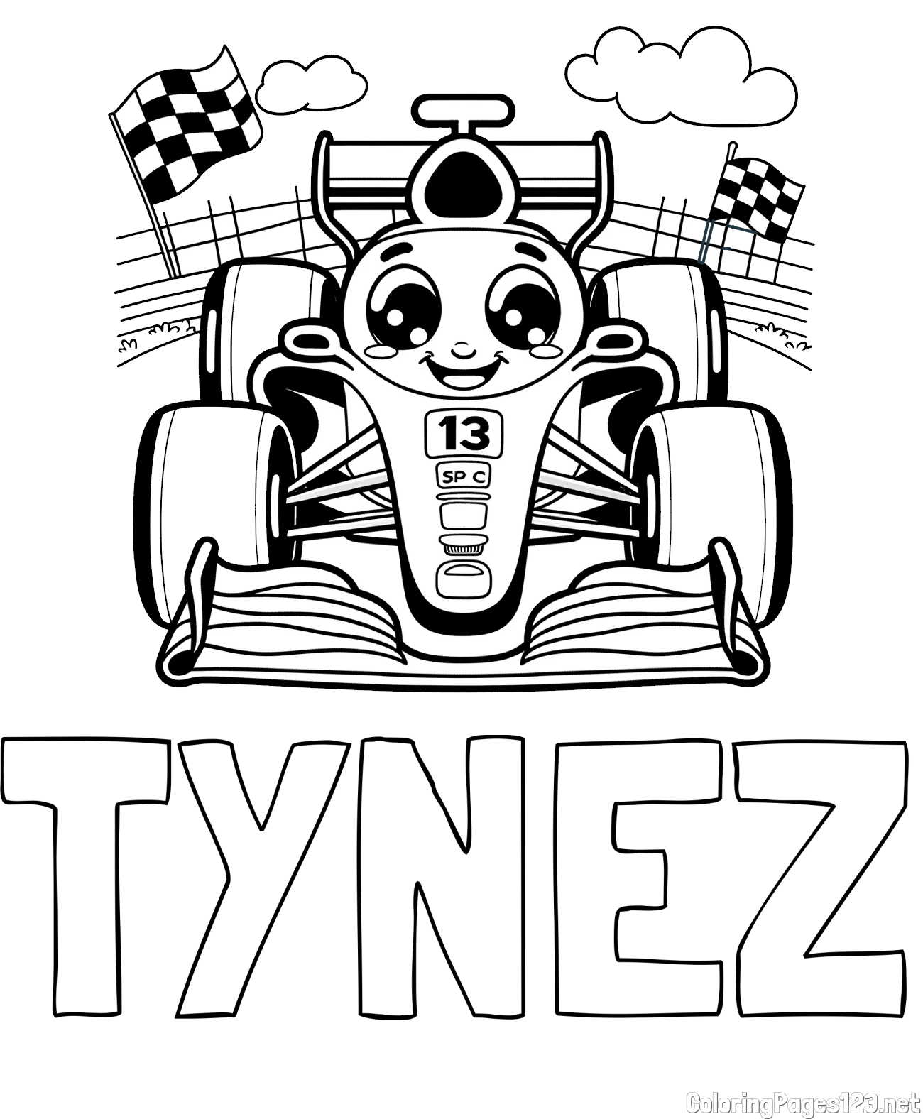 TYNEZ Coloring Page and Children's Coloring Page of a Smiling Formula One Car