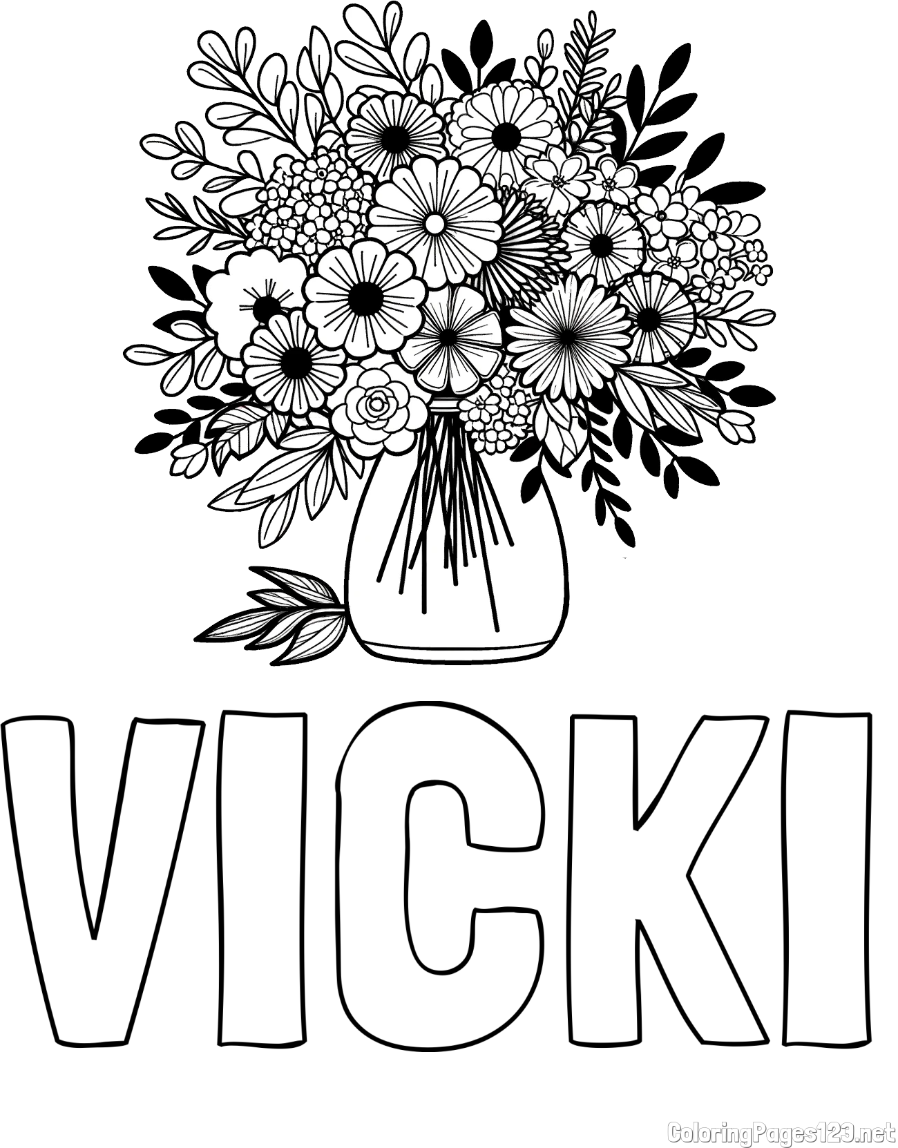 VICKI Coloring Page and Flower Bouquet Coloring Page