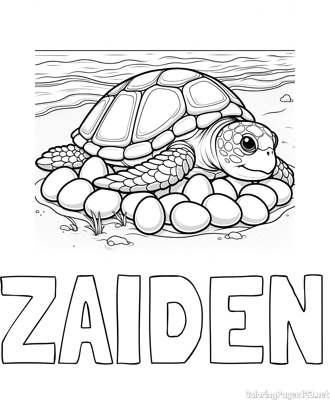 ZAIDEN Coloring Page and Coloring Page of a Realistic Sea Turtle Laying Eggs