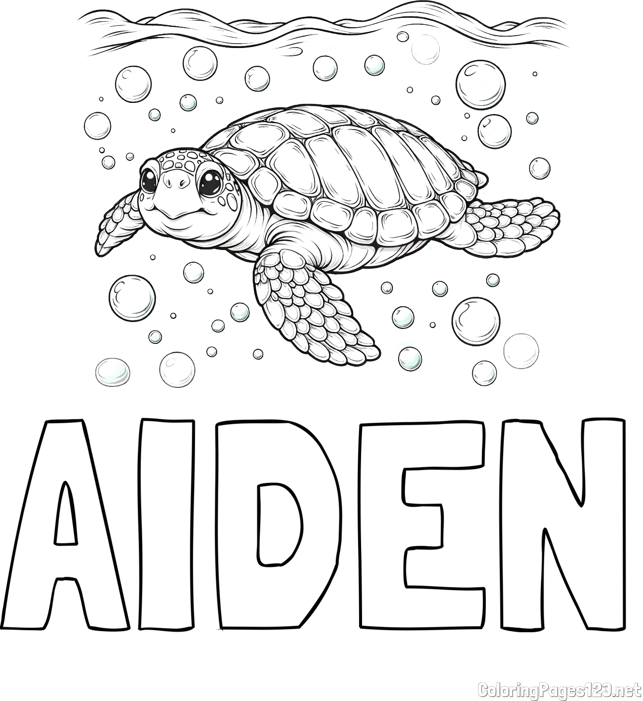 AIDEN Coloring Page and Coloring Page of a Sea Turtle Swimming in the Ocean