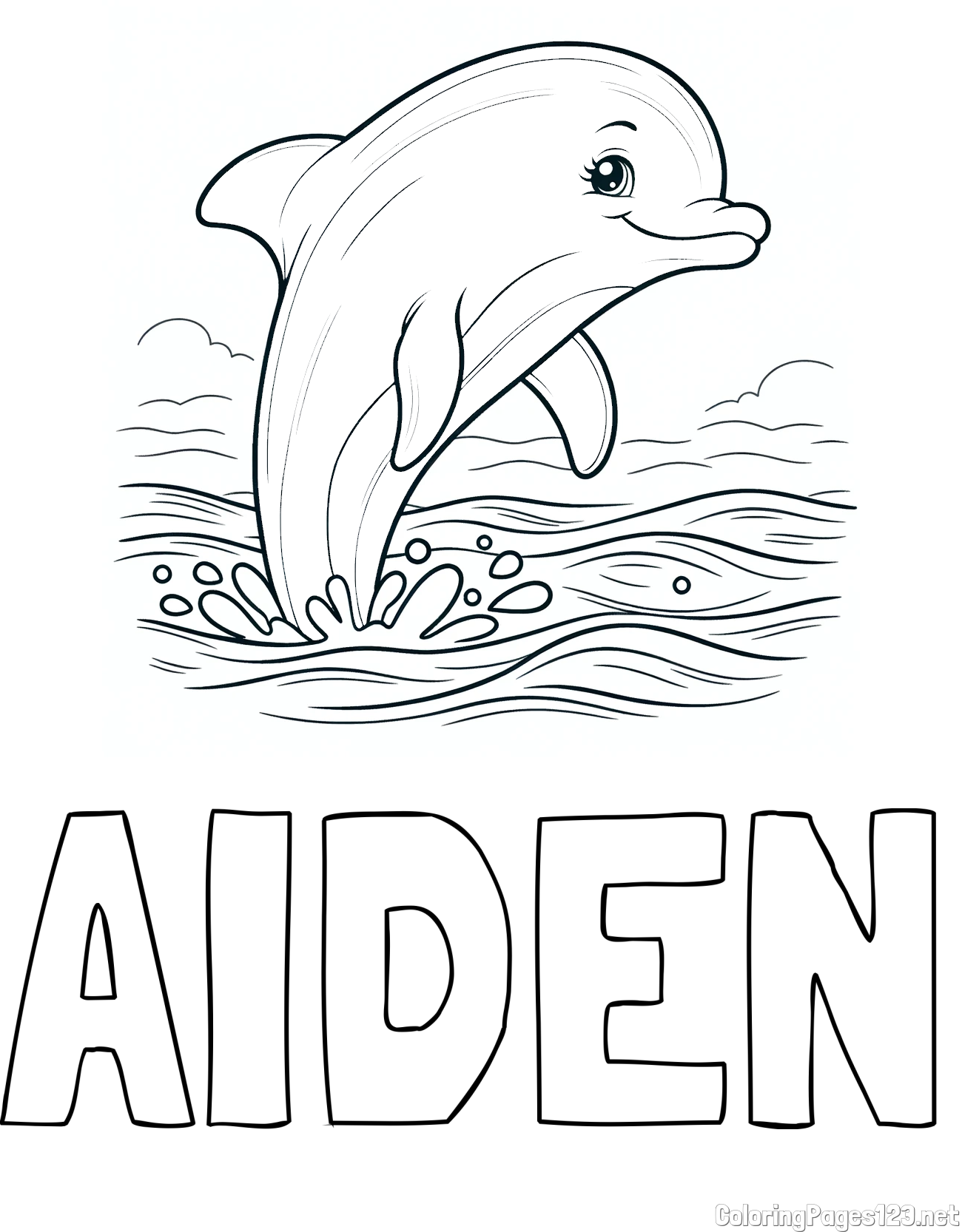 AIDEN Coloring Page and Coloring Page of a Smiling Dolphin Jumping