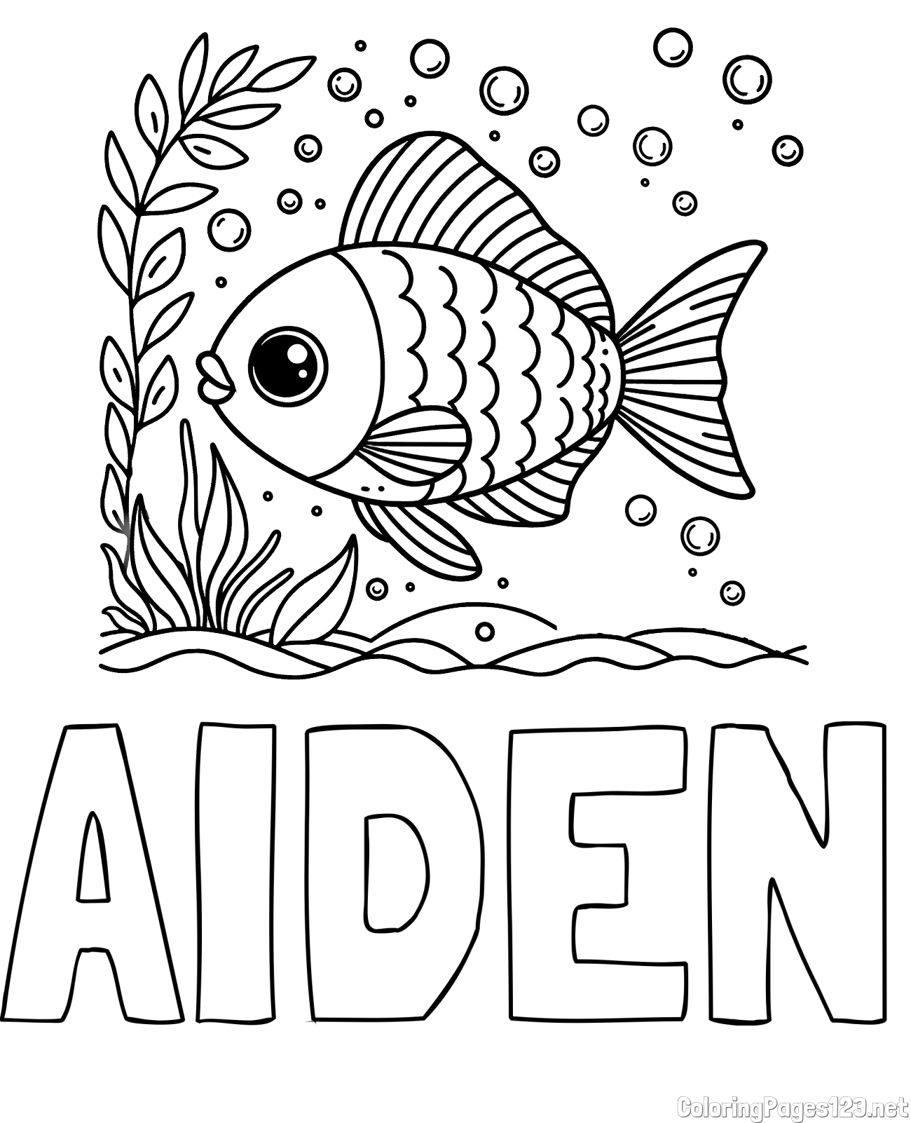 AIDEN Coloring Page and Free Coloring Page of a Cute Fish