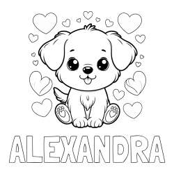 Online Created Coloring Page - ALEXANDRA Coloring Page and Coloring Page of a Cute Dog and Hearts