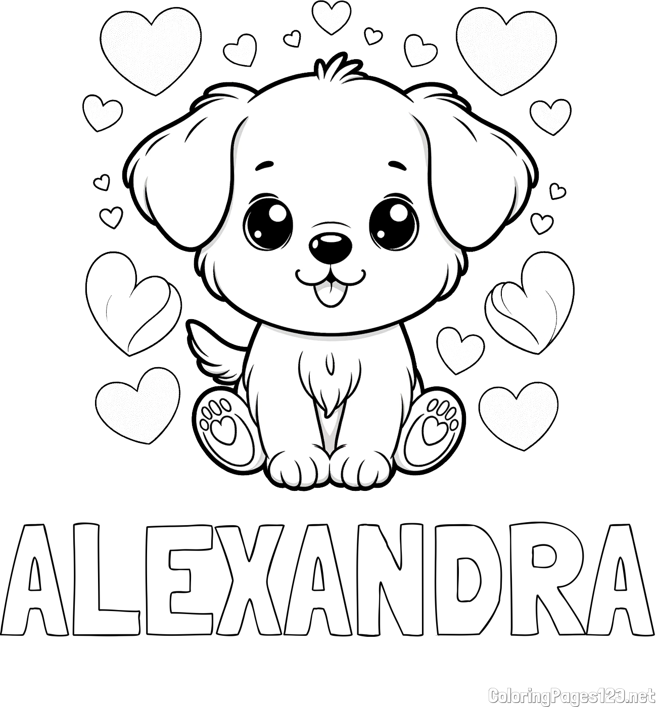 ALEXANDRA Coloring Page and Coloring Page of a Cute Dog and Hearts
