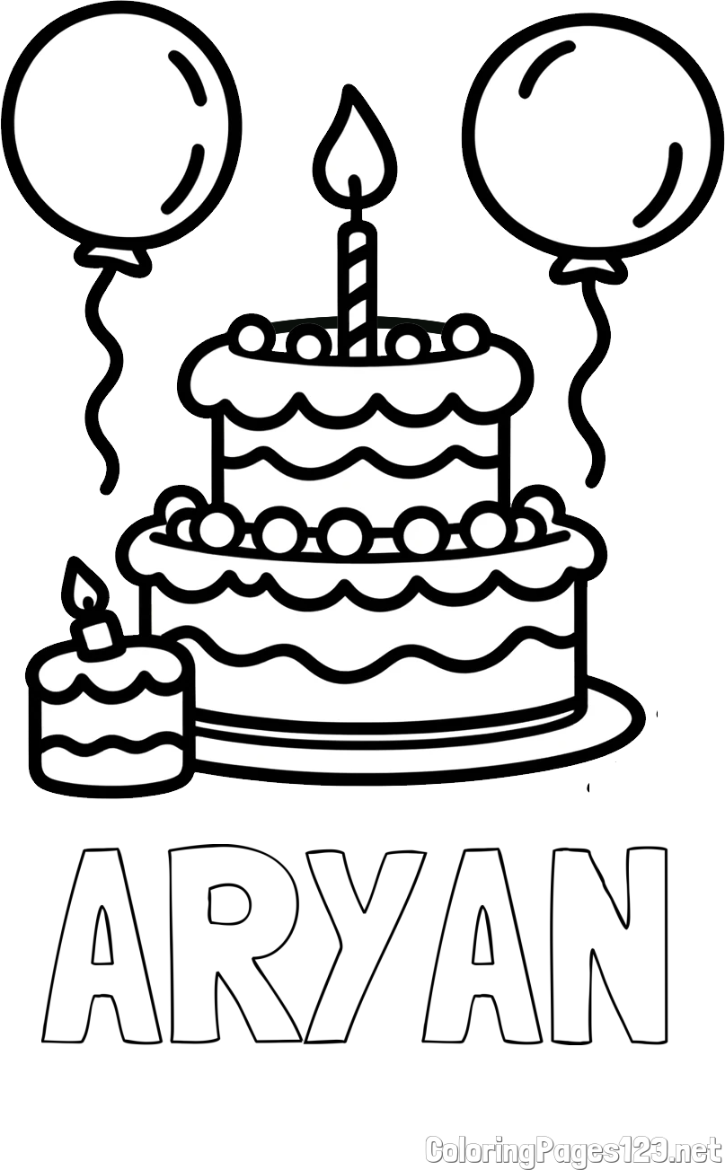 ARYAN Coloring Page and Birthday Cake Coloring Page with Balloons