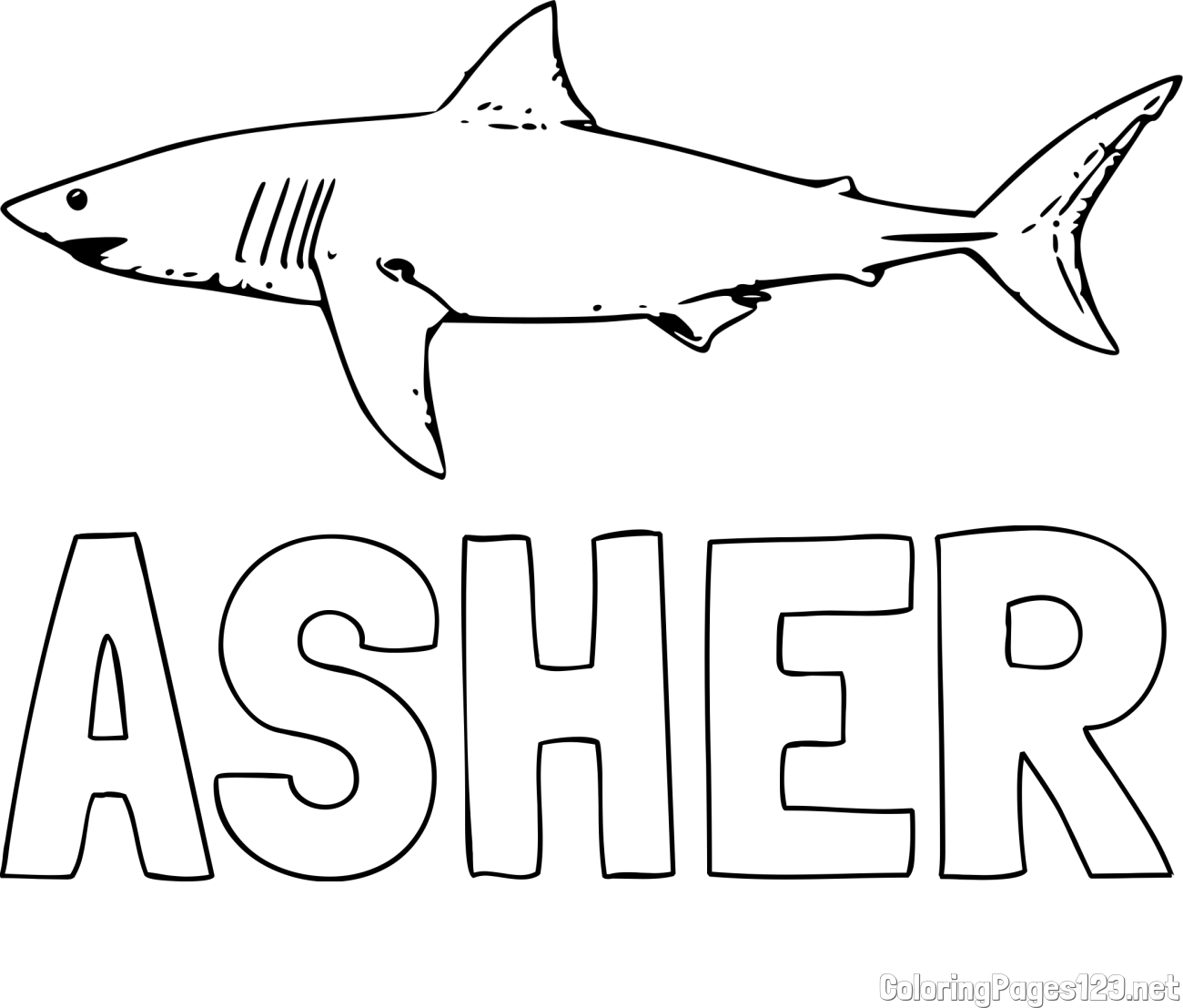 ASHER Coloring Page and Realistic Shark Coloring Page