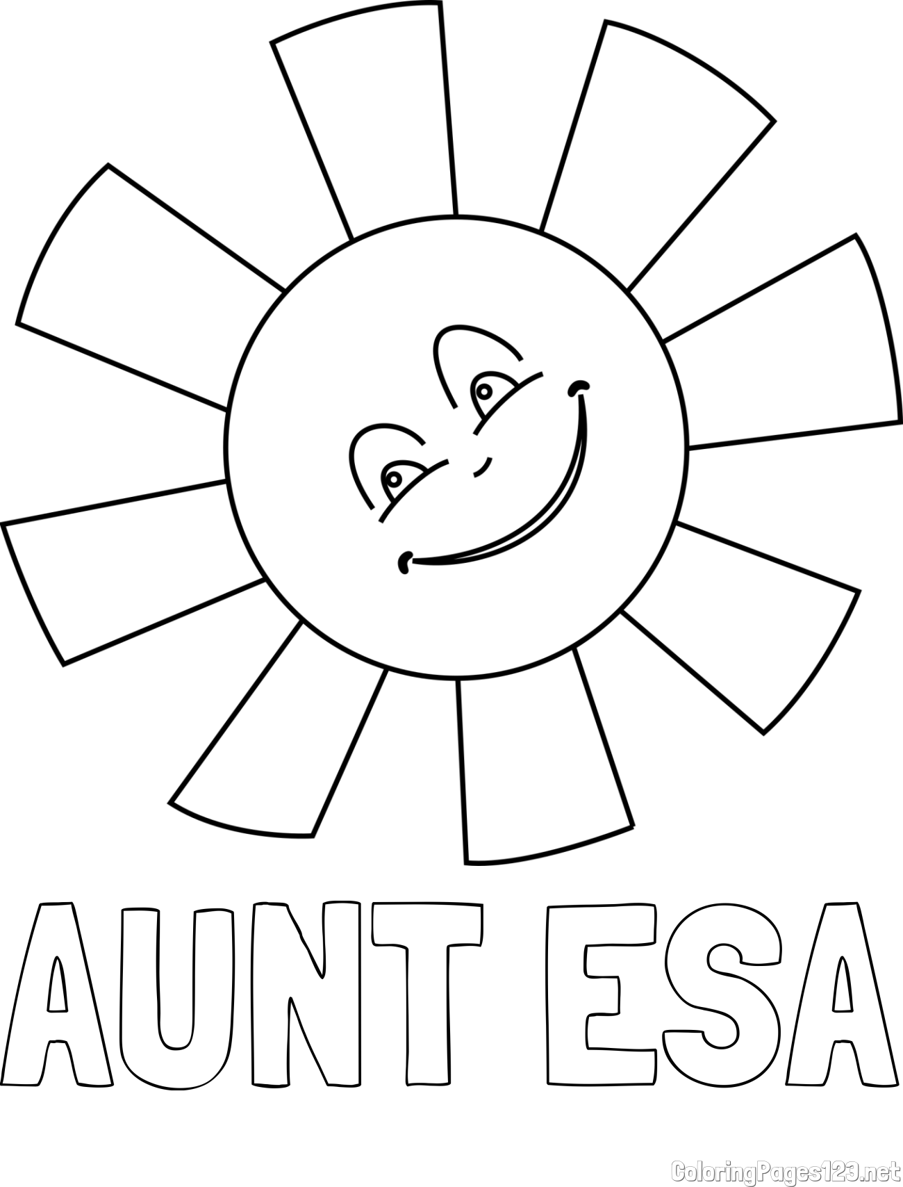 AUNT ESA Coloring Page and Smiling Sun Coloring Page for Kids