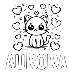 Online Created Coloring Page - AURORA Coloring Page and Free Coloring Page of a Cat and Hearts