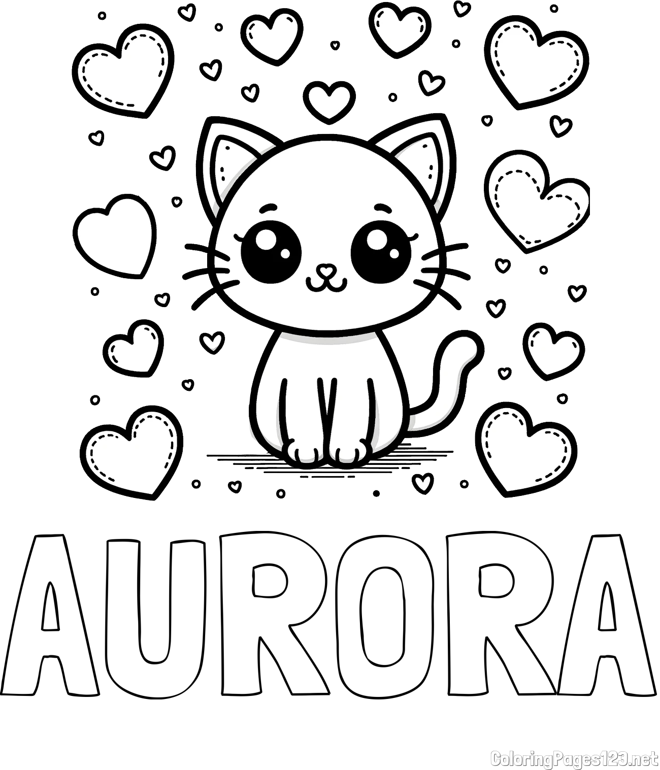 AURORA Coloring Page and Free Coloring Page of a Cat and Hearts