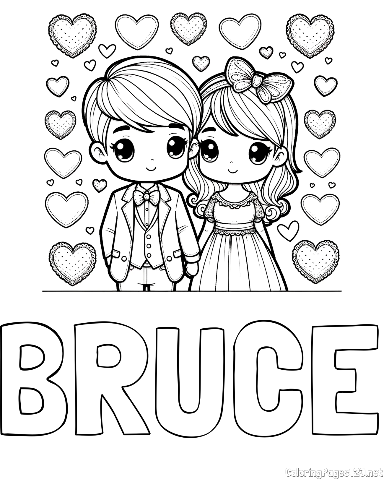 BRUCE Coloring Page and Coloring Page of a Couple Surrounded by Hearts