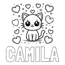 Online Created Coloring Page - CAMILA Coloring Page and Free Coloring Page of a Cat and Hearts