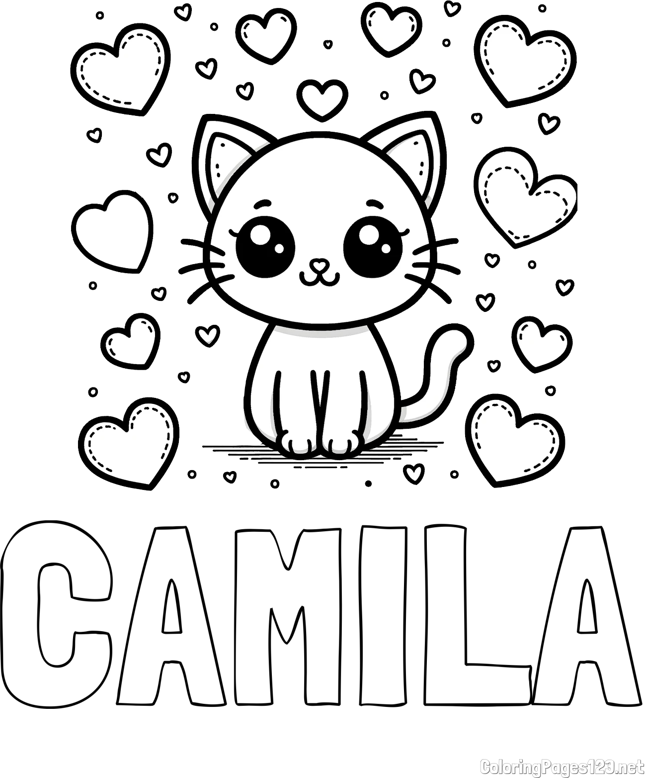 CAMILA Coloring Page and Free Coloring Page of a Cat and Hearts