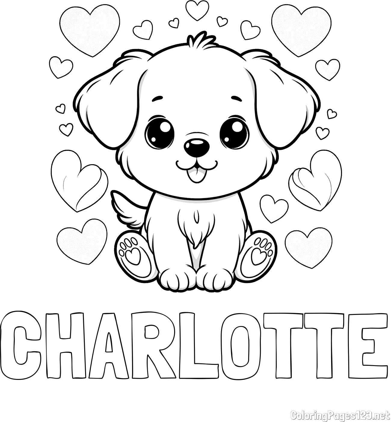 CHARLOTTE Coloring Page and Coloring Page of a Cute Dog and Hearts
