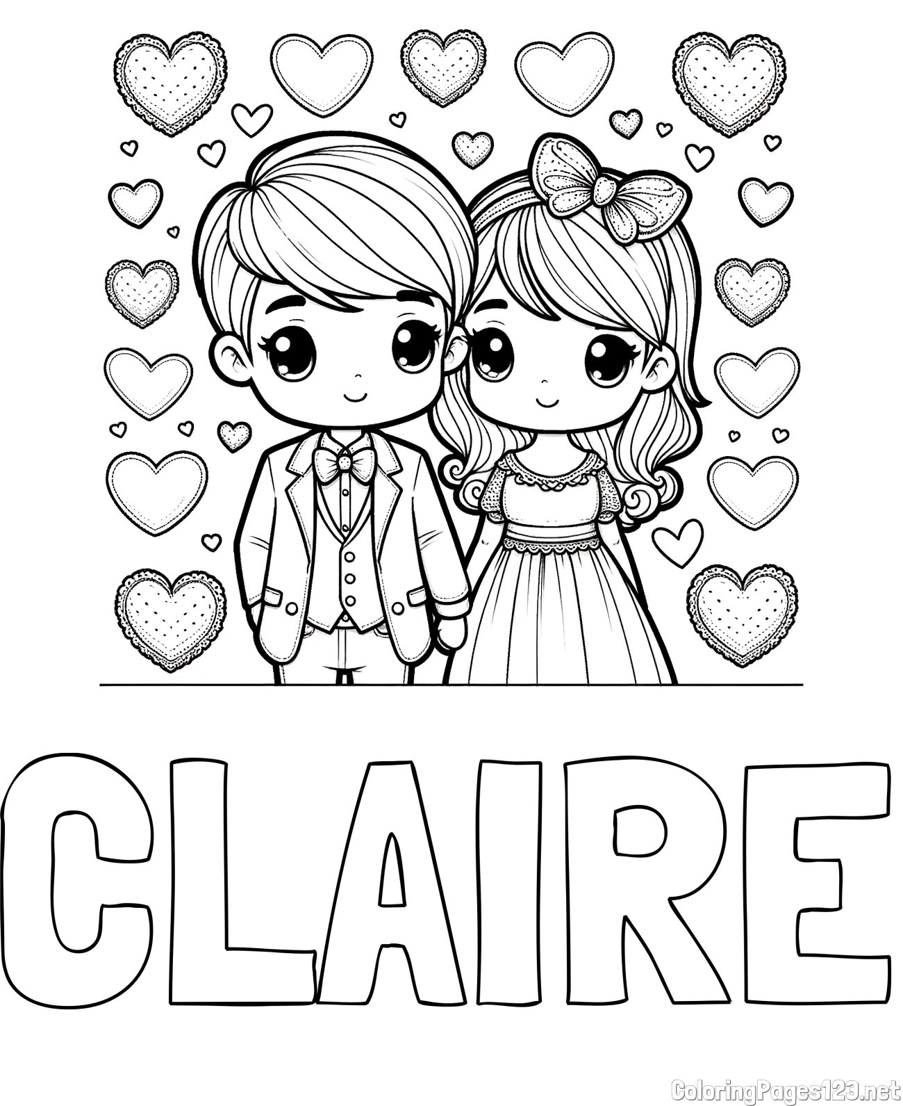 CLAIRE Coloring Page and Coloring Page of a Couple Surrounded by Hearts