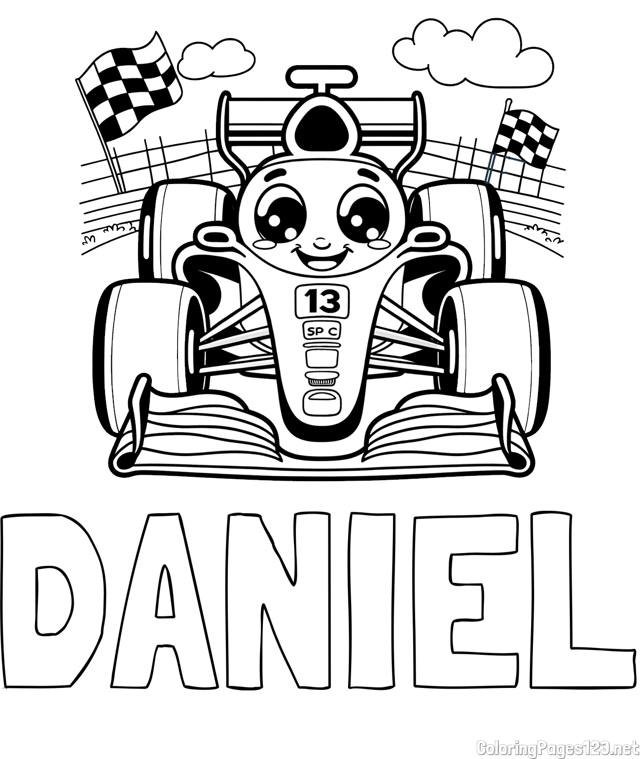 DANIEL Coloring Page and Children's Coloring Page of a Smiling Formula One Car