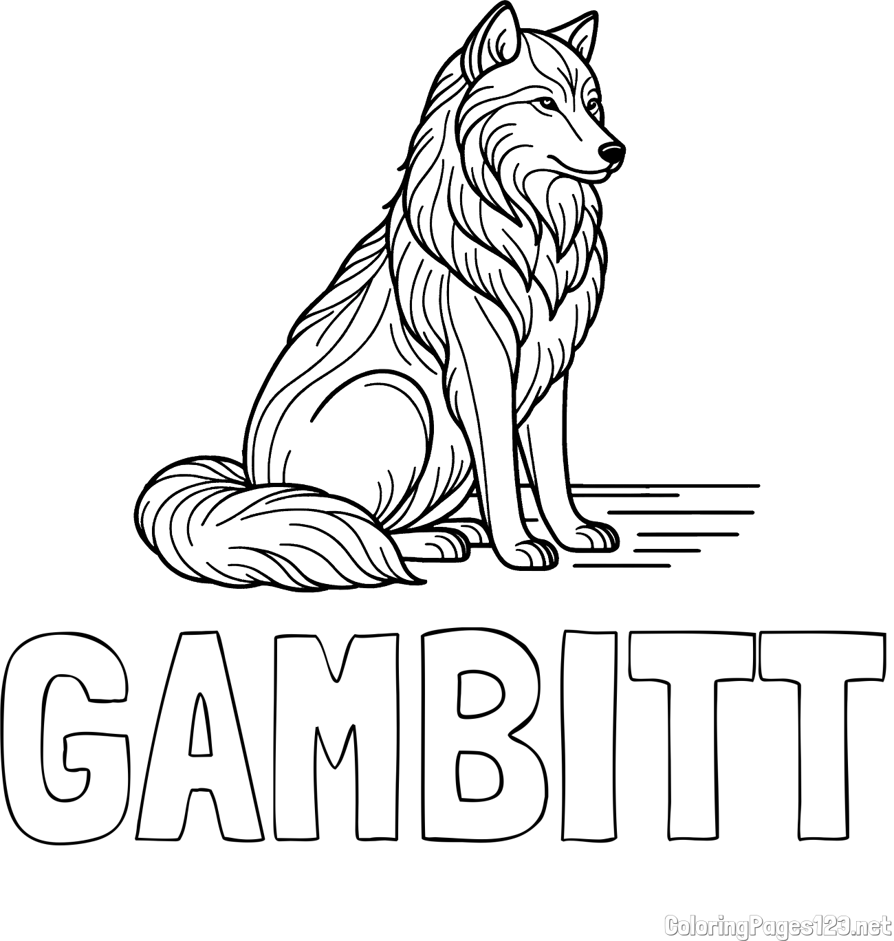 GAMBITT Coloring Page and Wolf Coloring Page - Calm Pose on a Meadow