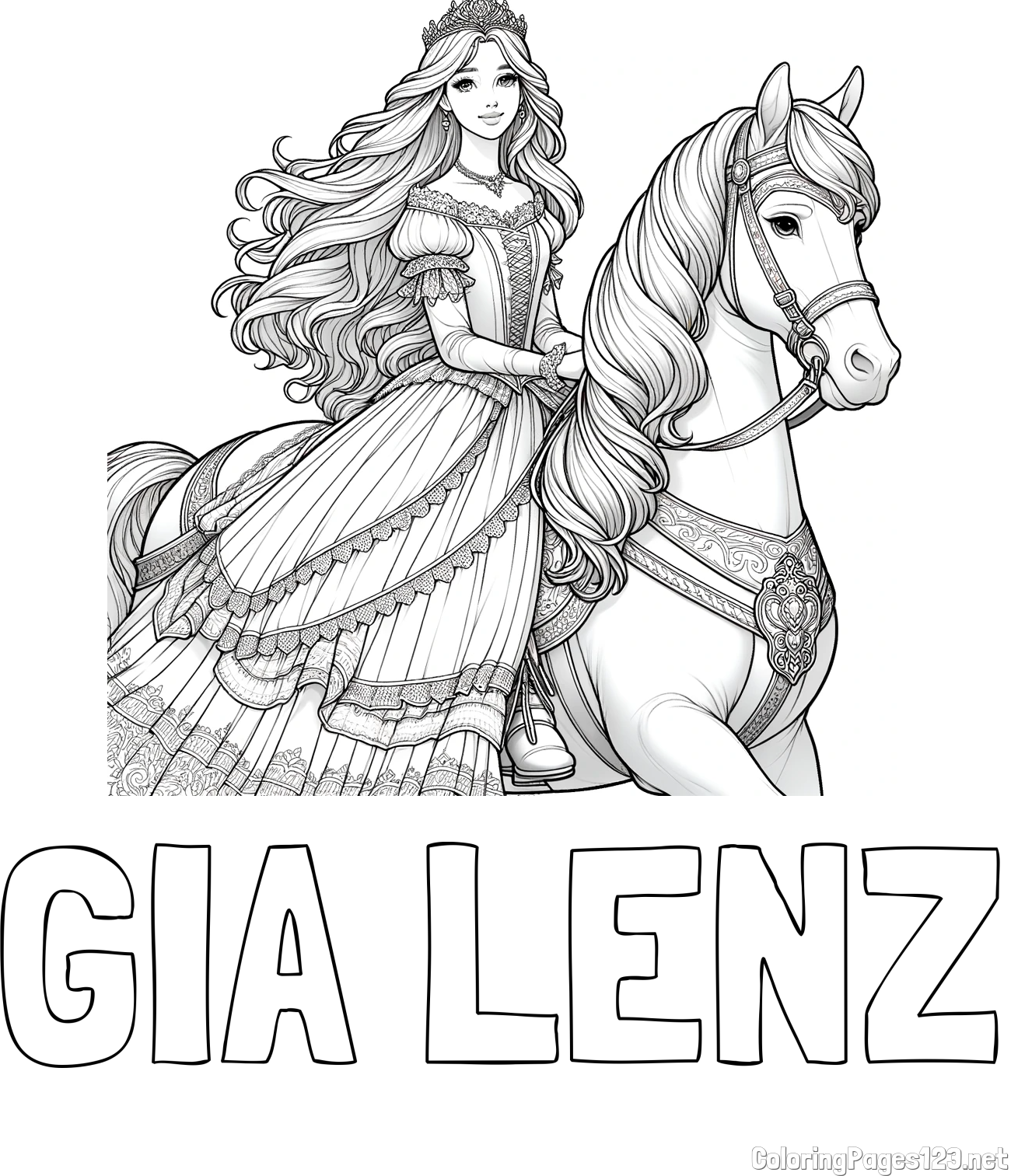 GIA LENZ Coloring Page and Coloring Page of a Princess Riding a Horse