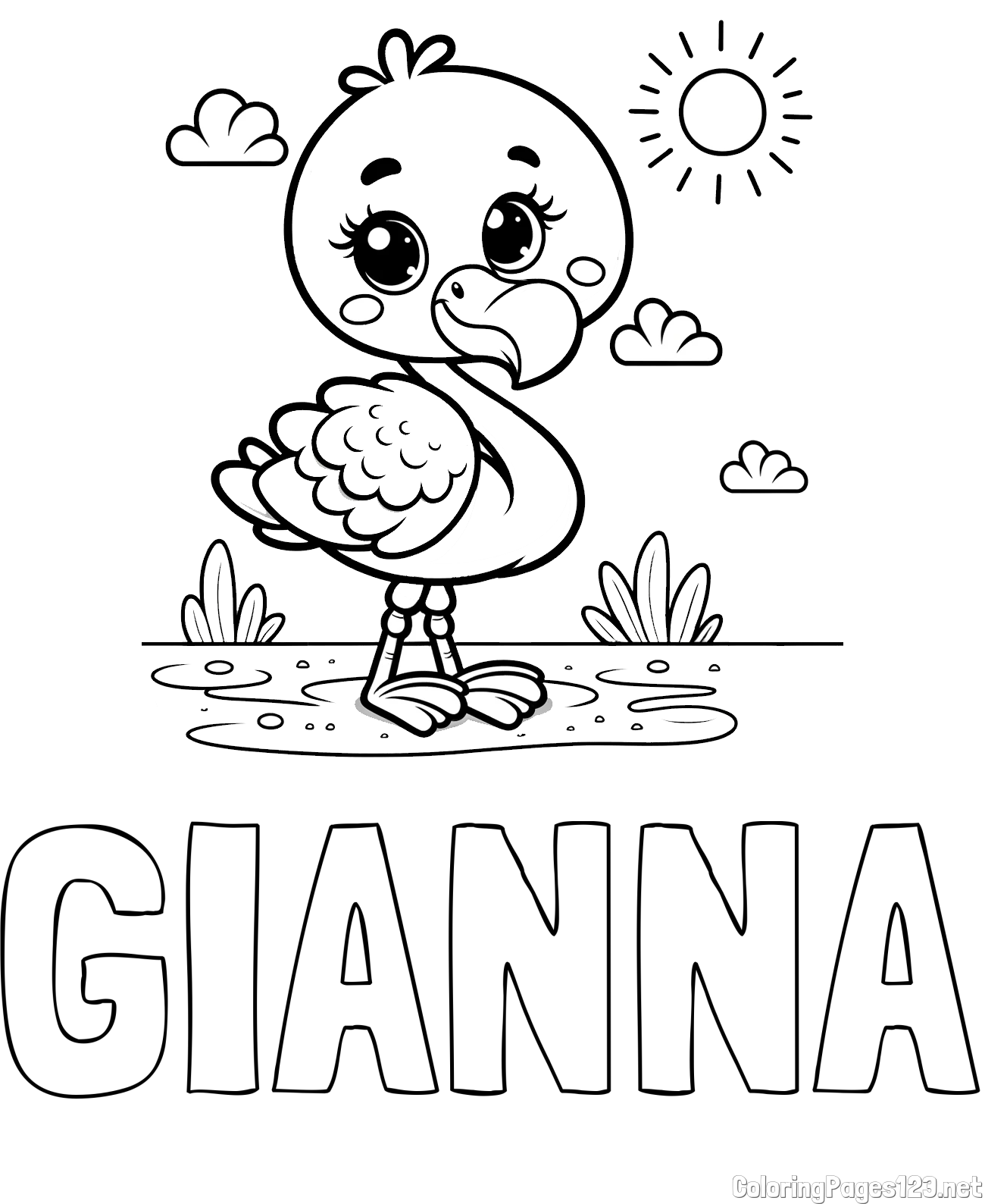 GIANNA Coloring Page and Easy Coloring Page of a Cute Flamingo