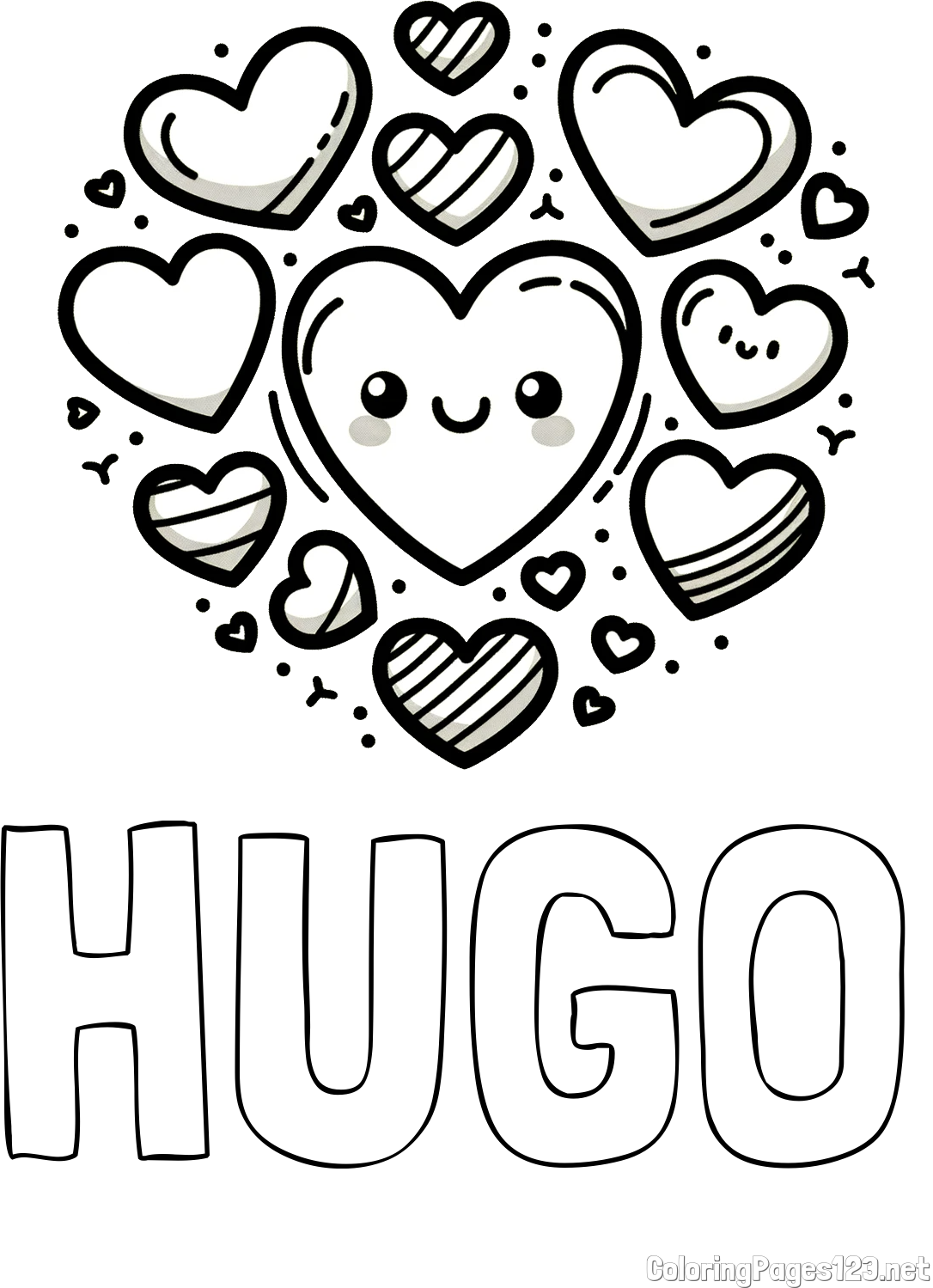 HUGO Coloring Page and Coloring Page of a Cute Cat Surrounded by Hearts